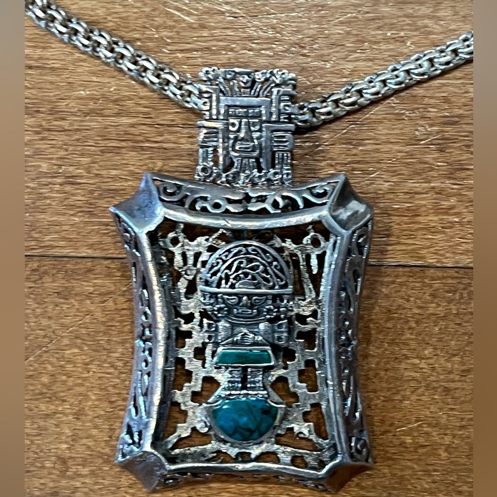 Ornate Silver Pendant Necklace with Turquoise Accent Sterling Silver